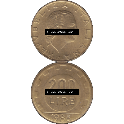Bildmaterial einer Münze aus Italien / Italia als PNG-Grafik 1977-2001, 200 Lire, Zahnrad 1988-01. Vorderseite und Rückseite vertikal untereinander auf einen digitalen... Sammlung