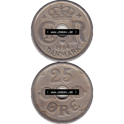 Alte Münze aus Dänemark als PNG-Grafik 1924-1947, 25 Öre 1924-01 Kursmünze. Vorderseite und Rückseite vertikal auf einen digitalen Bild der alten dänischen Umlaufmünze... Sammlung