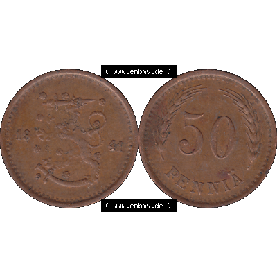 Alte Münzen KMS Finnland, Kursmünzensatz Finnland in transparenten digitalen PNG-Format 1940-1943, 50 Penny, Penniä, Kupfer 1941-1. Die digitalisierte Münze... Sammlung