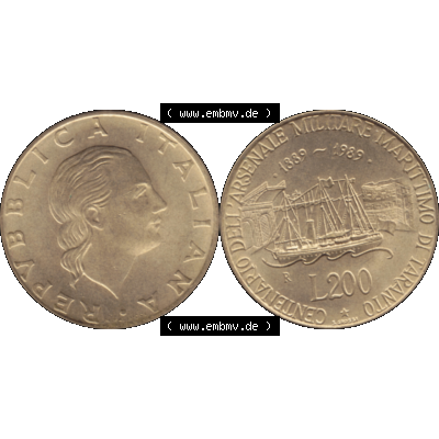 Bildmaterial einer Münze aus Italien / Italia als PNG-Grafik 1989-1989, 200 Lire Marinebasis Tarent 1989-01. Vorderseite und Rückseite horizontal auf einen digitalen Bild einer... Sammlung