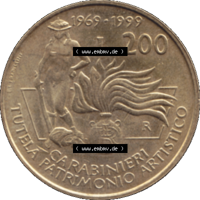 Bildmaterial einer Münze aus Italien / Italia als PNG-Grafik 1999-1999, 200 Lire Carabinieri, Schutz der Kunsterbe 1999-01. Rückseite einer alten italienischen 200 Lire... Sammlung