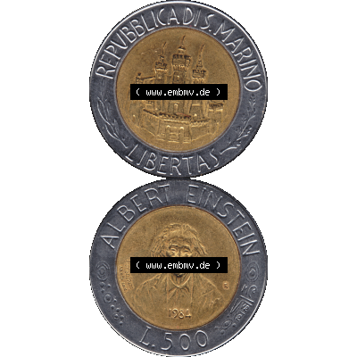 Gedenkmünzen aus San Marino, in PNG 1984-1984, 500 Lire Albert Einstein 1984-01. Vorderseite und Rückseite vertikal auf einen digitalen Bild der alten Gedenkmünze aus... Sammlung