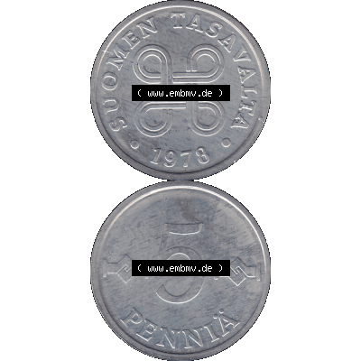 Alte Münzen KMS Finnland, Kursmünzensatz 1978 in Stempelglanz als digitales Computerbild einer finnischen digitalisierten Münze in transparenten PNG 1977-1990, 5 Penny,... Sammlung