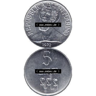 Bildmaterial in PNG-Grafiken Münzensatz / KMS 1972 aus San Marino 1972-1972, Münze 5 Lire, 1972, LIRE MONASSI REPUBBLICA DI SAN MARINO. Die digitalisierte Münze... Sammlung