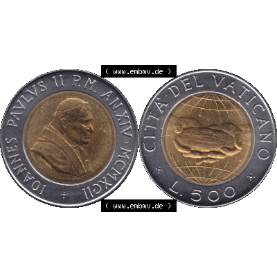 Alte Münze aus der Vatikanstadt / Vatikan als PNG-Grafik 1992-1992, 500 Lire Papst Giovanni Paolo II. 1992-01. Vorderseite und Rückseite horizontal auf einen digitalen... Sammlung