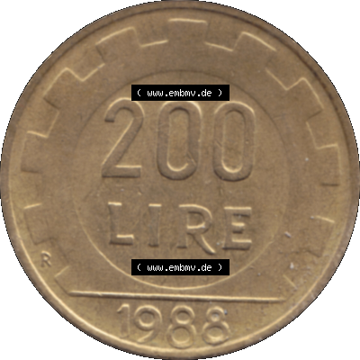 Bildmaterial einer Münze aus Italien / Italia als PNG-Grafik 1977-2001, 200 Lire, Zahnrad 1988-01. Rückseite einer alten italienischen 200 Lire Gedenkmünze,... Sammlung