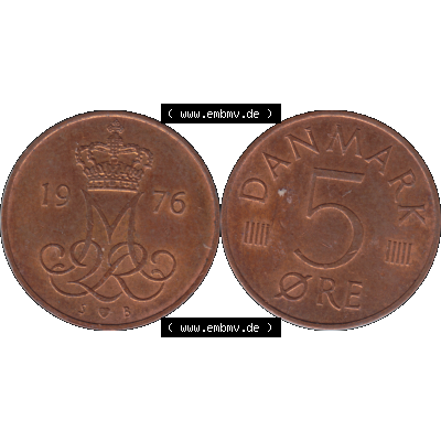 Alte Münze aus Dänemark als PNG-Grafik 1973-1988, 5 Öre 1976-01. Vorderseite und Rückseite horizontal auf einen digitalen Bild der alten dänischen Umlaufmünze... Sammlung