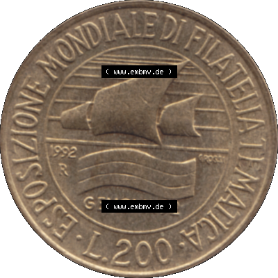 Bildmaterial einer Münze aus Italien / Italia als PNG-Grafik 1992-1992, 200 Lire Briefmarkenausstellung in Genua 1992-01. Rückseite einer alten italienischen 200 Lire Gedenkmünze,... Sammlung