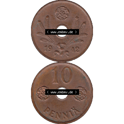Alte Münzen KMS Finnland, Kursmünzensatz Finnland in transparenten digitalen PNG-Format 1941-1943, 10 Penny, Penniä Kupfer 1942-1. Die digitalisierte Münze... Sammlung