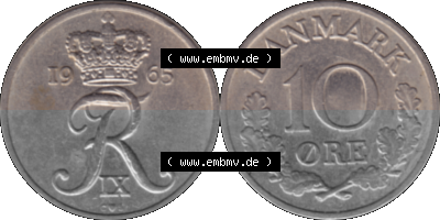 Alte Münze aus Dänemark als PNG-Grafik 1960-1972, 10 Öre 1965 (Stück 1). Vorderseite und Rückseite horizontal auf einen digitalen... Sammlung