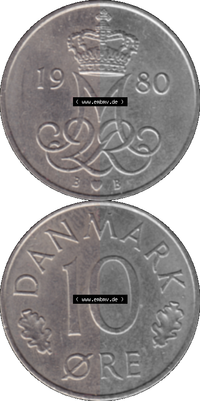 Alte Münze aus Dänemark als PNG-Grafik 1973-1988, 10 Öre 1980 Sammlung