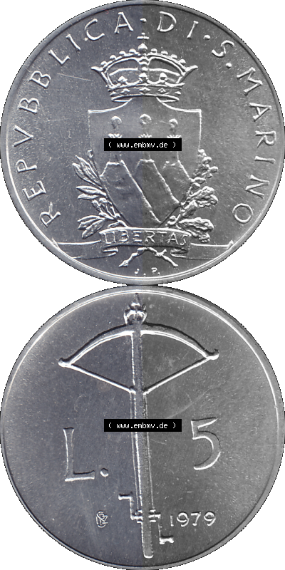 Bildmaterial Münzensatz / KMS 1979 aus San Marino im PNG-Format 1979-1979, 5 Lire, LIBERTAS REPVBBLICA DI S. MARINO, 1979 L.5.... Sammlung