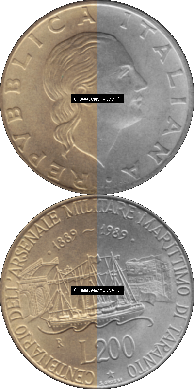 Münze aus Italien / Italia als PNG-Grafik 1989-1989, 200 Lire Marinebasis Tarent 1989 Sammlung