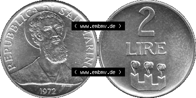 Münzensatz / KMS 1972 aus San Marino in Graustufen 1972-1972, 2 Lire 1972, 2 LIRE MONASSI REPUBBLICA DI SAN MARINO Sammlung