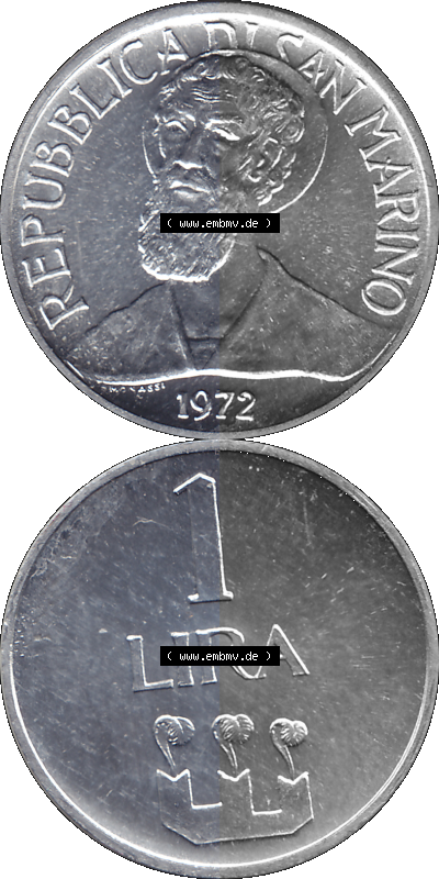 San Marino 1972-1972, Münze 1 Lira, Lire 1972, 1 LIRA MONASSI REPUBBLICA DI SAN MARINO Sammlung