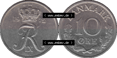 Alte Münze aus Dänemark als PNG-Grafik 1960-1972, 10 Öre 1972 (Stück 1). Vorderseite und Rückseite horizontal auf einen digitalen... Sammlung