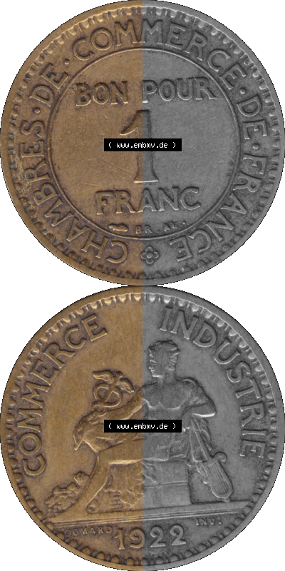 PNG einer Münze aus Frankreich 1920-1927, 1 Francs, Franken 1922 Sammlung