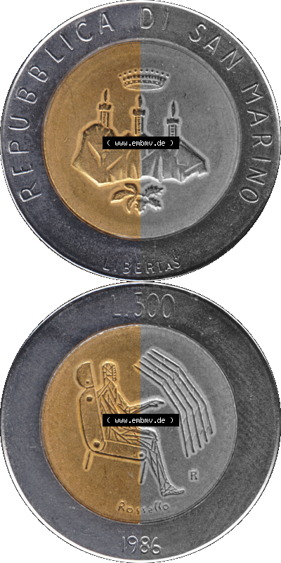 Gedenkmünzen aus San Marino, in PNG 1986-1986, 500 Lire Revolution der Technologie 1986 (Stück 1). Vorderseite und Rückseite... Sammlung