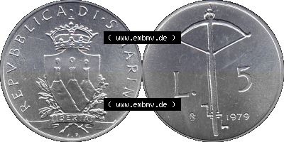 Bildmaterial Münzensatz / KMS 1979 aus San Marino im PNG-Format 1979-1979, 5 Lire, LIBERTAS REPVBBLICA DI S. MARINO, 1979 L.5.... Sammlung