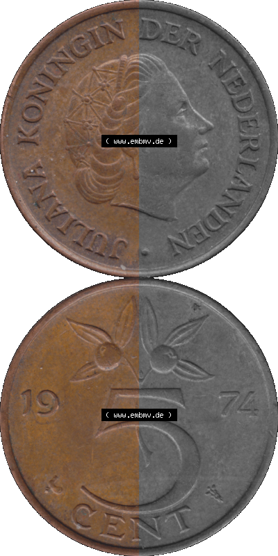 Alte Münze der Niederlande 1951-1975, in PNG digitalisiert 1950-1980, 5 Cent Königin Juliana 1974, 980 x 1960 Pixel Hochformat... Sammlung