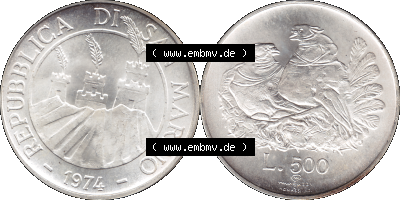 San Marino Münze 1974-1974 als transparente PNG-Grafik, 50 Lire Silbermünze, L.500 MINGUZZI MONASSI INC. Sammlung