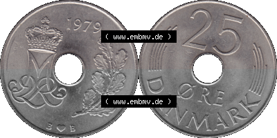 Alte Münze aus Dänemark als PNG-Grafik 1973-1988, 25 Öre 1979 Sammlung