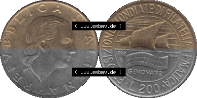 Münze aus Italien / Italia als PNG-Grafik 1992-1992, 200 Lire Briefmarkenausstellung in Genua 1992 Sammlung