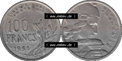 Münzen Frankreich Umlaufmünze 1954-1958; 100 Francs, Franken Typ I. 1955 (Stück 1). Vorderseite und Rückseite horizontal auf... Sammlung