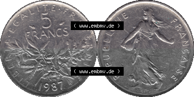 Münzen Frankreich Umlaufmünze 1970-2001, 5 Francs Liberte Egalite Fraternite 1987 (Stück 1). Vorderseite und Rückseite horizontal... Sammlung