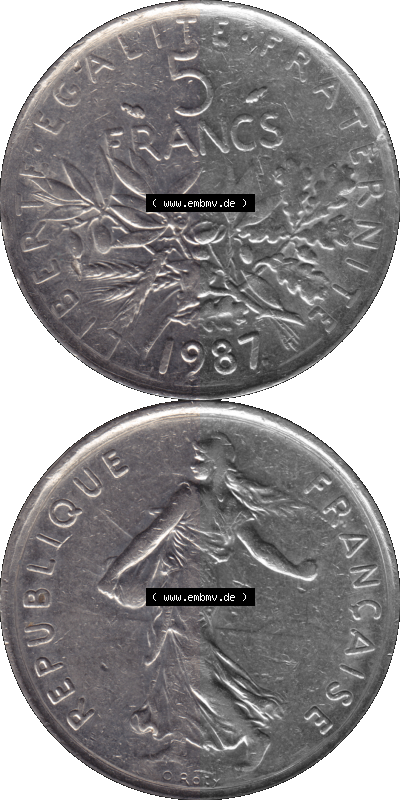 Münzen Frankreich Umlaufmünze 1970-2001, 5 Francs Liberte Egalite Fraternite 1987 (Stück 1). Vorderseite und Rückseite vertikal... Sammlung