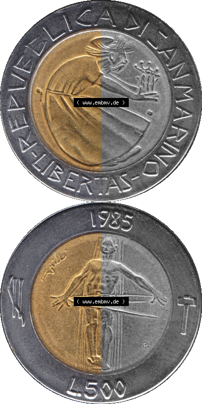 Gedenkmünzen aus San Marino, in PNG 1985-1985, 500 Lire Drogenkrieg 1985 (Stück 1). Vorderseite und Rückseite vertikal auf... Sammlung