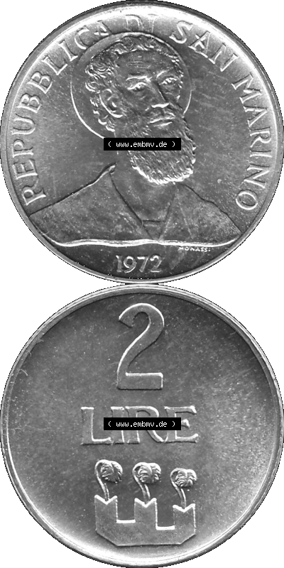 Münzensatz / KMS 1972 aus San Marino in Graustufen 1972-1972, 2 Lire 1972, 2 LIRE MONASSI REPUBBLICA DI SAN MARINO Sammlung