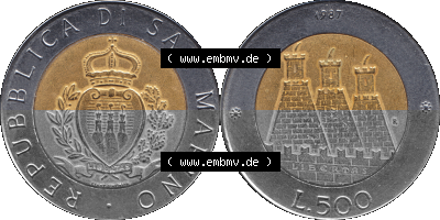 Gedenkmünzen aus San Marino, in PNG 1987-1987, 500 Lire 15. Jahrestag - Wiederaufnahme der Münzenprägung 1987 (Stück 1). Vorderseite... Sammlung