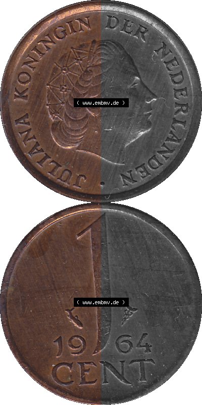Münze der Niederlande 1951-1975, in PNG digitalisiert 1950-1980, 1 Cent Königin Juliana 1964, Vorderseite und Rückseite vertikal,... Sammlung