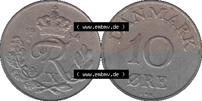 Alte Münze aus Dänemark als PNG-Grafik 1948-1960, 10 Öre 1954 (Stück 1). Vorderseite und Rückseite horizontal auf einen digitalen... Sammlung