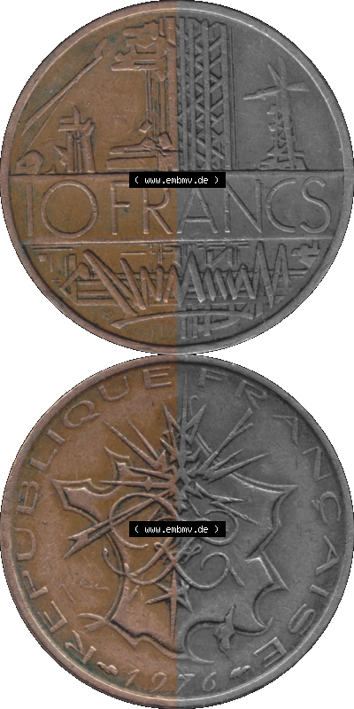 Münzen Frankreich Umlaufmünze 1974-1987, 10 Franken-Francs 1976 (Stück 1). Vorderseite und Rückseite vertikal auf einen digitalen... Sammlung