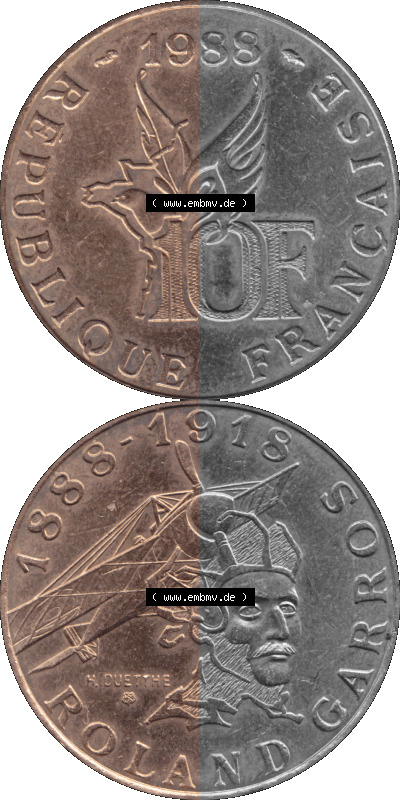 Münzen Frankreich Umlaufmünze 1988-1988, 10 Francs Roland Garros-01 1988 (Stück 1). Vorderseite und Rückseite vertikal auf... Sammlung