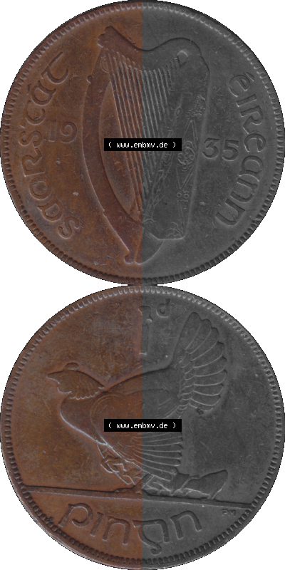 Münze aus Irland als PNG-Grafik 1928-1937, 1 Penny, Pence 1935 Sammlung