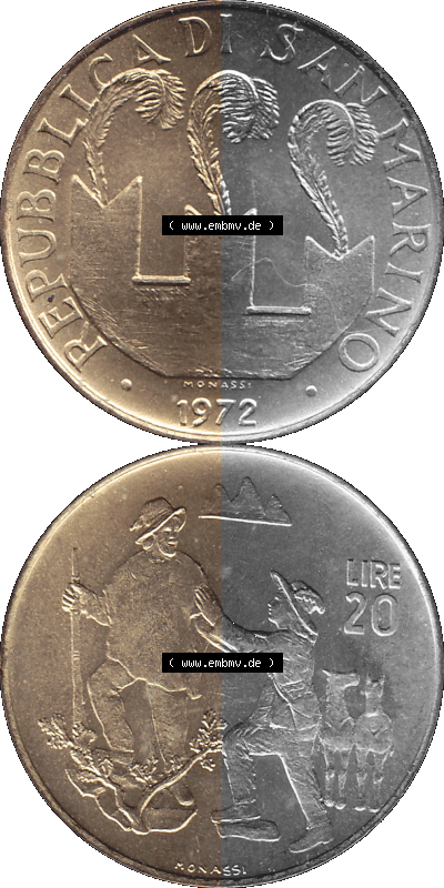 San Marino 1972-1972, Münze 20 Lire, 1972, MONASSI REPUBBLICA DI SAN MARINO Sammlung