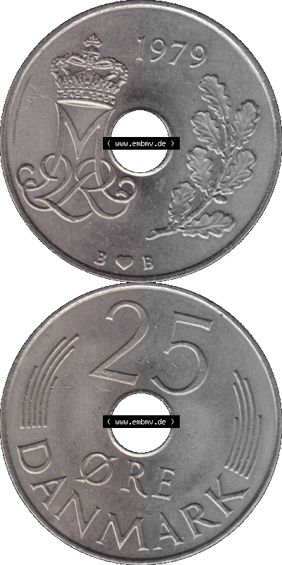Alte Münze aus Dänemark als PNG-Grafik 1973-1988, 25 Öre 1979 Sammlung
