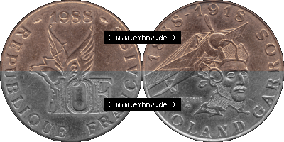 Münzen Frankreich Umlaufmünze 1988-1988, 10 Francs Roland Garros-01 1988 (Stück 1). Vorderseite und Rückseite horizontal auf... Sammlung