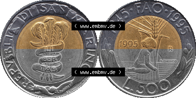 Gedenkmünzen aus San Marino, in PNG 1995-1995, 500 Lire F.A.O. 1995 (Stück 1). Vorderseite und Rückseite horizontal auf einen... Sammlung