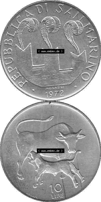 Münzensatz / KMS 1972 aus San Marino in Graustufen 1972-1972, 10 Lire 1972, MONASSI REPUBBLICA DI SAN MARINO, 10 LIRE Sammlung