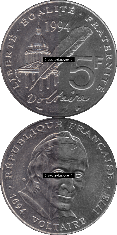 Münzen Frankreich Umlaufmünze 1994-1994, 5 Francs Liberte Egalite Fraternite 1994 (Stück 1). Vorderseite und Rückseite vertikal... Sammlung