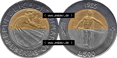 Gedenkmünzen aus San Marino, in PNG 1985-1985, 500 Lire Drogenkrieg 1985 (Stück 1). Vorderseite und Rückseite horizontal auf... Sammlung