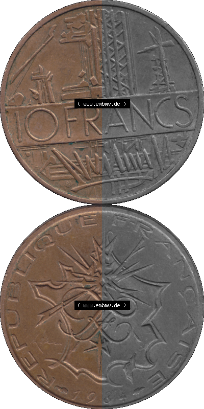 Münzen Frankreich Umlaufmünze 1974-1987, 10 Franken-Francs 1984 (Stück 1). Vorderseite und Rückseite vertikal auf einen digitalen... Sammlung