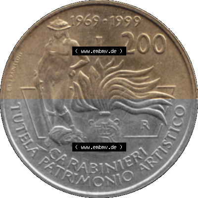 Münze aus Italien / Italia als PNG-Grafik 1999-1999, 200 Lire Carabinieri, Schutz der Kunsterbe 1999 Sammlung