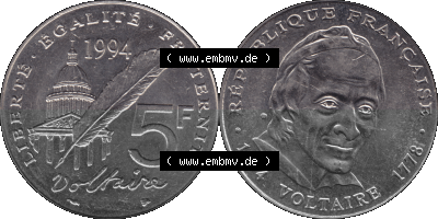 Münzen Frankreich Umlaufmünze 1994-1994, 5 Francs Liberte Egalite Fraternite 1994 (Stück 1). Vorderseite und Rückseite horizontal... Sammlung