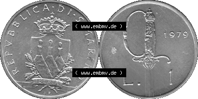 Münzensatz / KMS 1979 aus San Marino in Graustufen 1979-1979, 1 Lira, 1 Lire, J. V. LIBERTAS REPVBBLICA DI S. MARINO, 1979 L.1 Sammlung