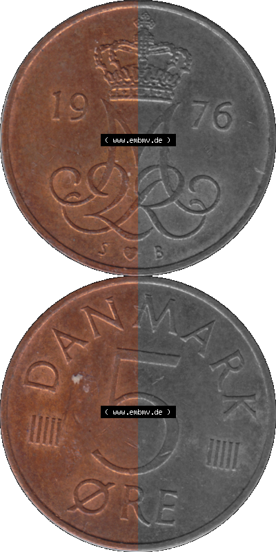 Alte Münze aus Dänemark als PNG-Grafik 1973-1988, 5 Öre 1976 Sammlung